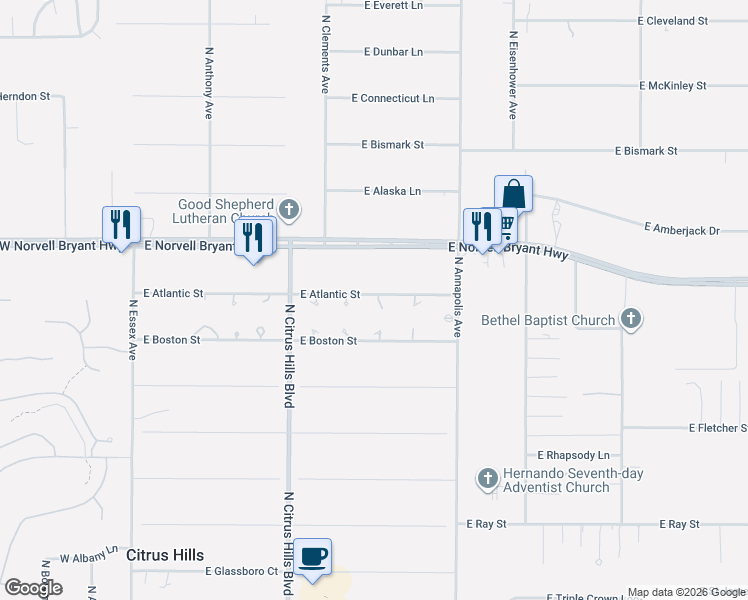 map of restaurants, bars, coffee shops, grocery stores, and more near 2324 North Hendry Point in Hernando