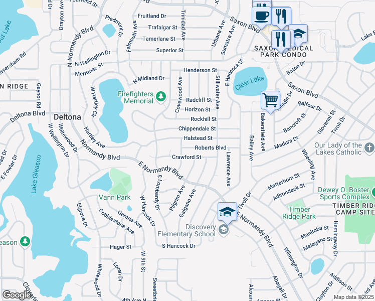 map of restaurants, bars, coffee shops, grocery stores, and more near 853 Roberts Boulevard in Deltona