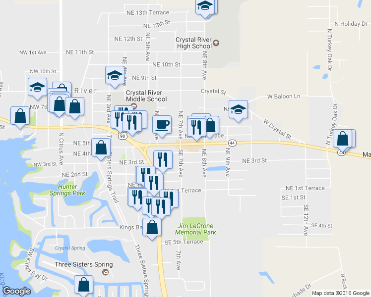 map of restaurants, bars, coffee shops, grocery stores, and more near 730 North East 5th Street in Crystal River