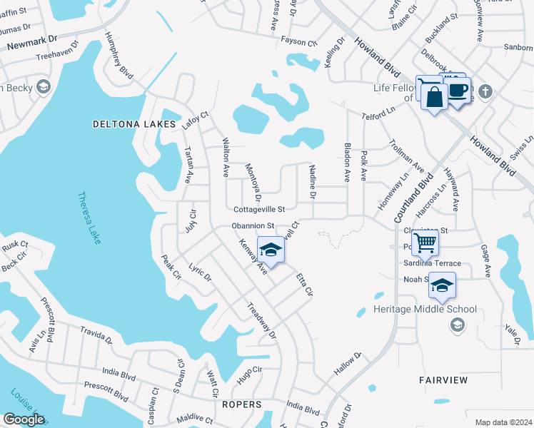 map of restaurants, bars, coffee shops, grocery stores, and more near 2957 Cottageville Street in Deltona