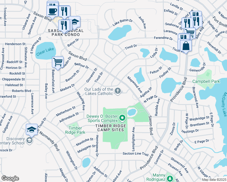 map of restaurants, bars, coffee shops, grocery stores, and more near 1278 Maximilian Street in Deltona