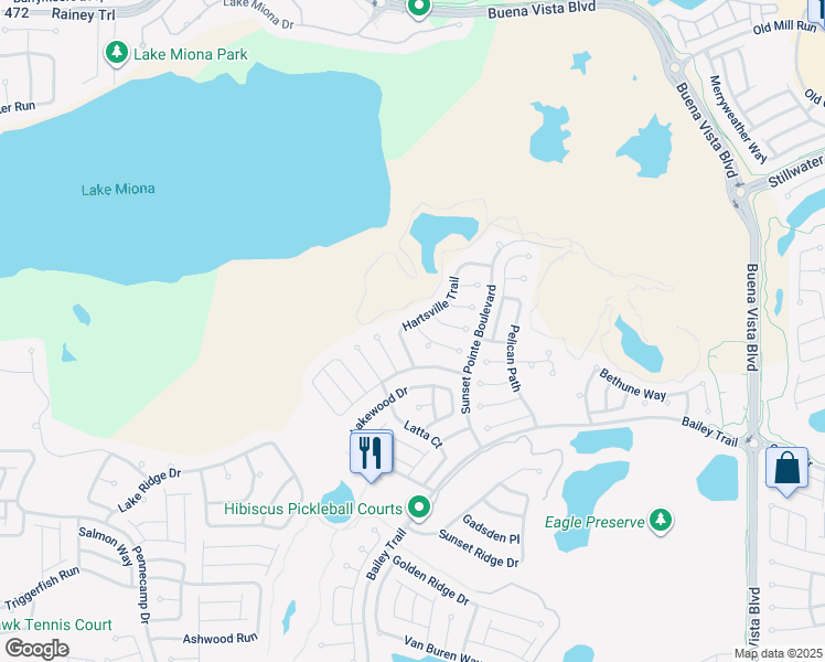 map of restaurants, bars, coffee shops, grocery stores, and more near 1703 Hartsville Trail in The Villages