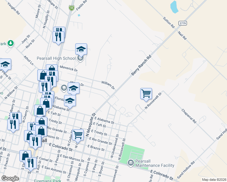 map of restaurants, bars, coffee shops, grocery stores, and more near 567 William Drive in Pearsall