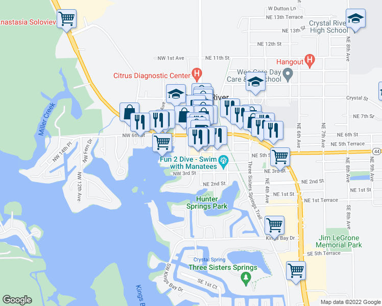 map of restaurants, bars, coffee shops, grocery stores, and more near 75 Northwest 5th Street in Crystal River
