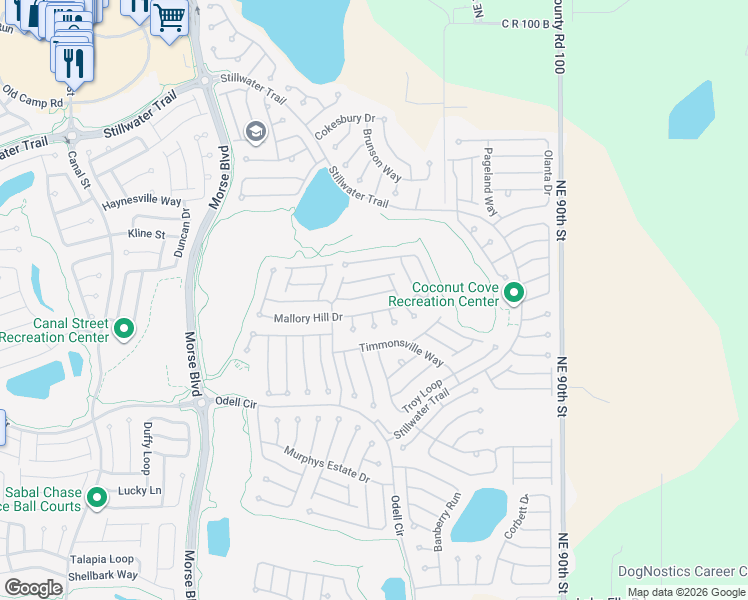 map of restaurants, bars, coffee shops, grocery stores, and more near 528 Paxville Place in The Villages