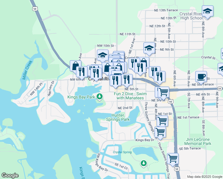map of restaurants, bars, coffee shops, grocery stores, and more near 120 U.S. 19 in Crystal River