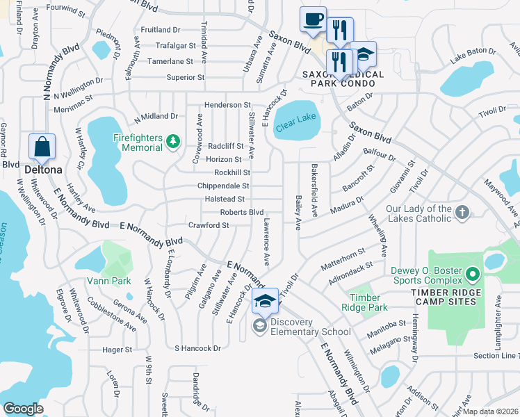 map of restaurants, bars, coffee shops, grocery stores, and more near 952 Roberts Boulevard in Deltona