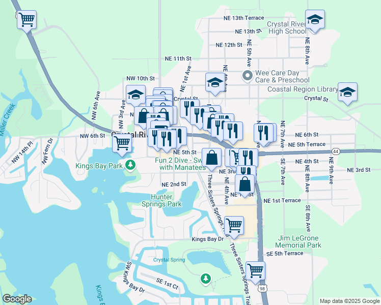 map of restaurants, bars, coffee shops, grocery stores, and more near Crosstown Trail in Crystal River