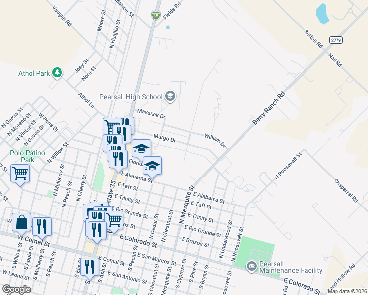 map of restaurants, bars, coffee shops, grocery stores, and more near 456 Margo Drive in Pearsall