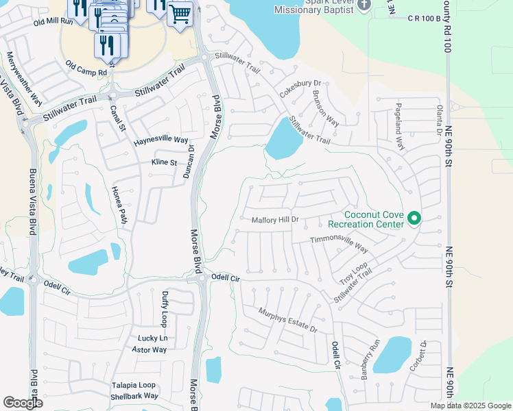 map of restaurants, bars, coffee shops, grocery stores, and more near 743 Mallory Hill Drive in The Villages
