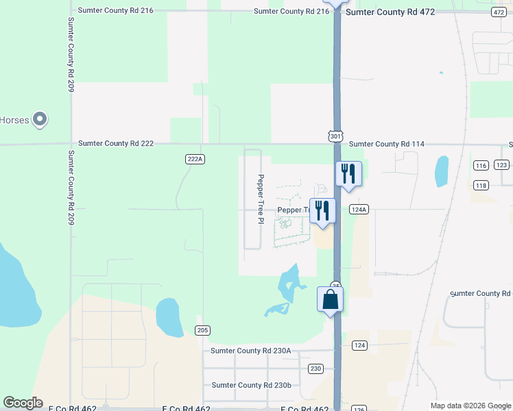 map of restaurants, bars, coffee shops, grocery stores, and more near 9757 Pepper Tree Trail in Wildwood