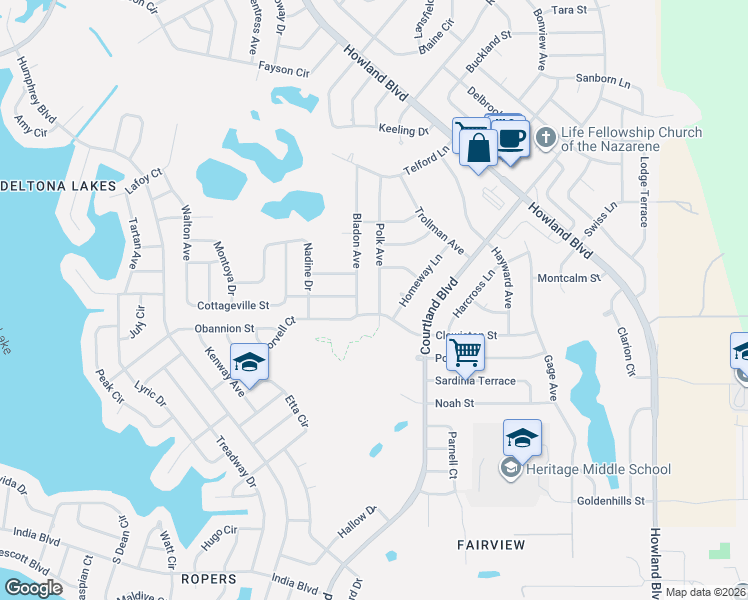 map of restaurants, bars, coffee shops, grocery stores, and more near 1245 Polk Avenue in Deltona