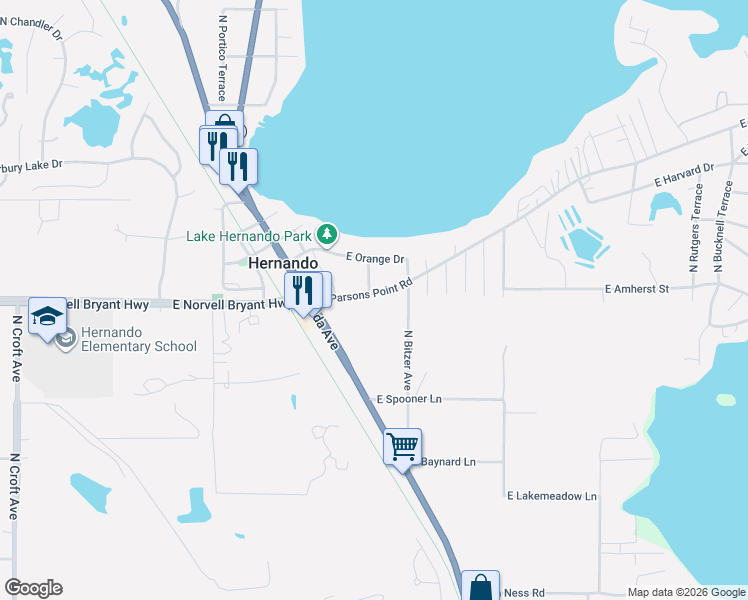 map of restaurants, bars, coffee shops, grocery stores, and more near 3822 East Parsons Point Road in Hernando