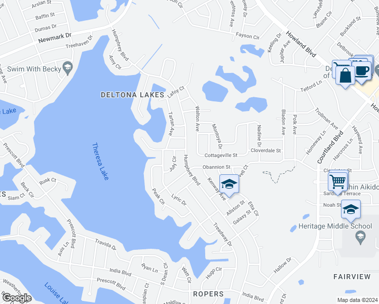 map of restaurants, bars, coffee shops, grocery stores, and more near 1241 Humphrey Boulevard in Deltona
