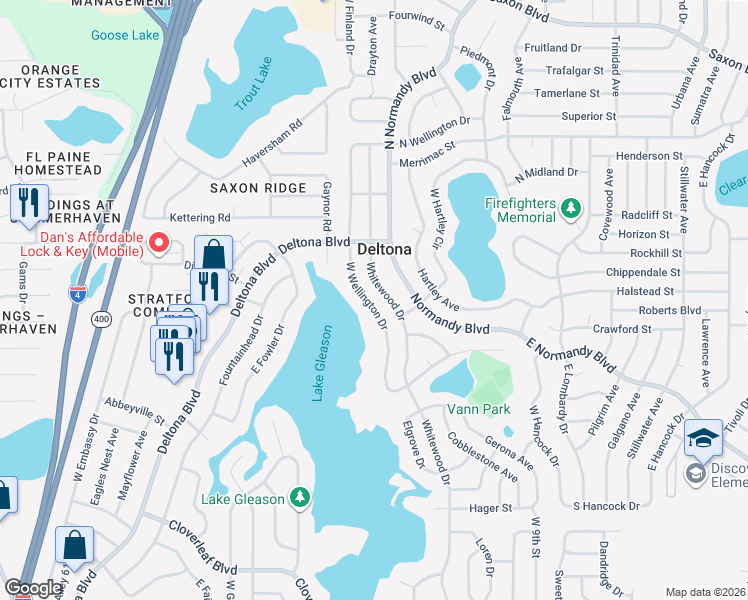 map of restaurants, bars, coffee shops, grocery stores, and more near 1275 West Wellington Drive in Deltona