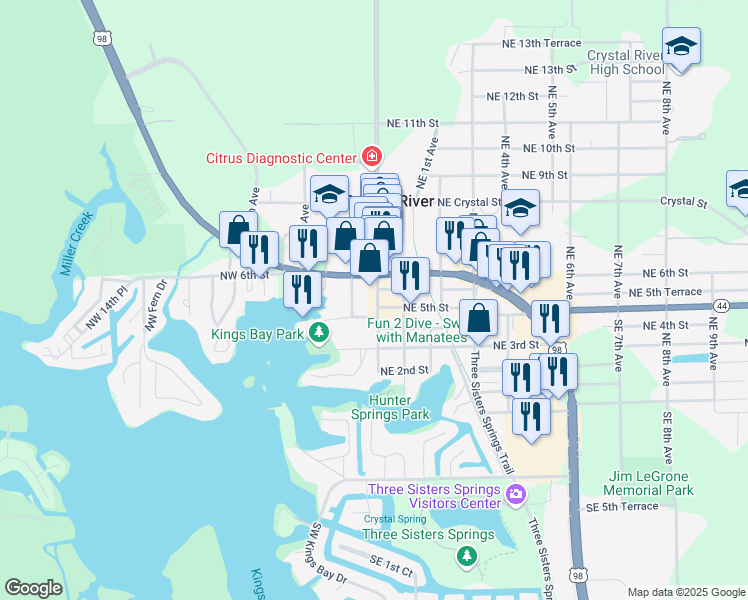 map of restaurants, bars, coffee shops, grocery stores, and more near 532 North Citrus Avenue in Crystal River