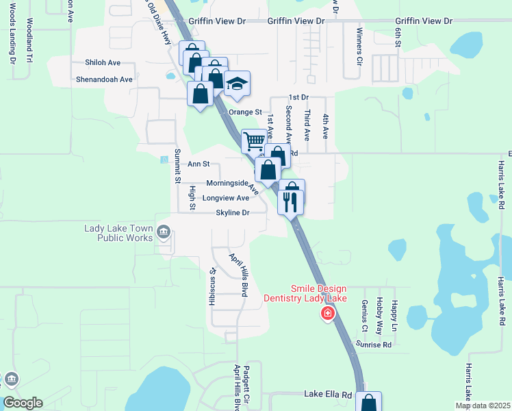 map of restaurants, bars, coffee shops, grocery stores, and more near 227 Skyline Drive in Lady Lake