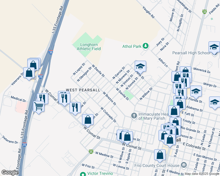 map of restaurants, bars, coffee shops, grocery stores, and more near 314 North Moreno Street in Pearsall