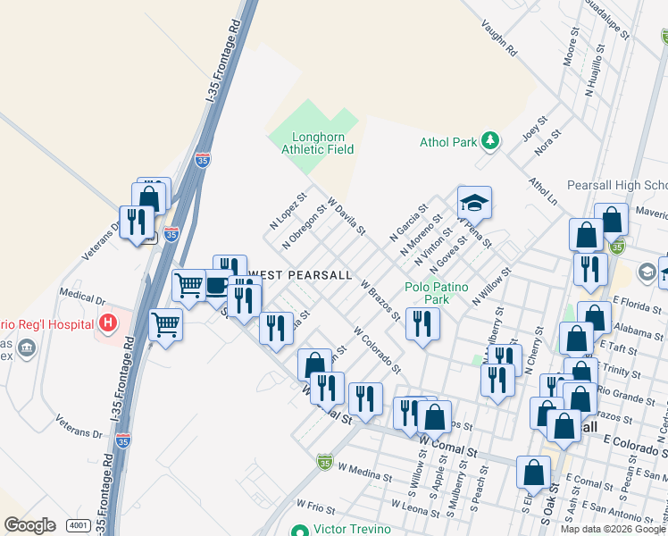 map of restaurants, bars, coffee shops, grocery stores, and more near 134 North Tafolla Street in Pearsall