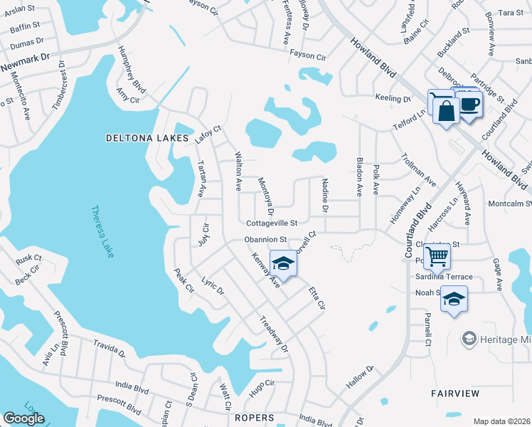 map of restaurants, bars, coffee shops, grocery stores, and more near 1271 Navarre Drive in Deltona