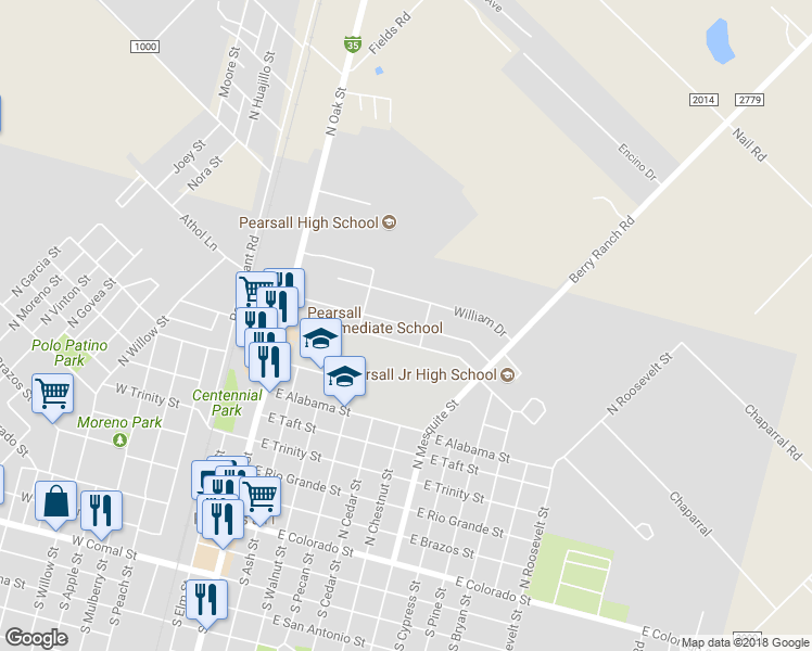 map of restaurants, bars, coffee shops, grocery stores, and more near 456 Margo Drive in Pearsall