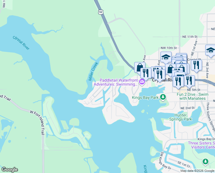 map of restaurants, bars, coffee shops, grocery stores, and more near 571 Northwest 14th Place in Crystal River