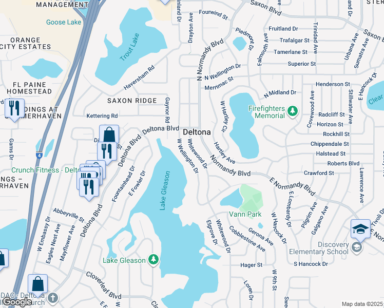 map of restaurants, bars, coffee shops, grocery stores, and more near 1296 Whitewood Drive in Deltona