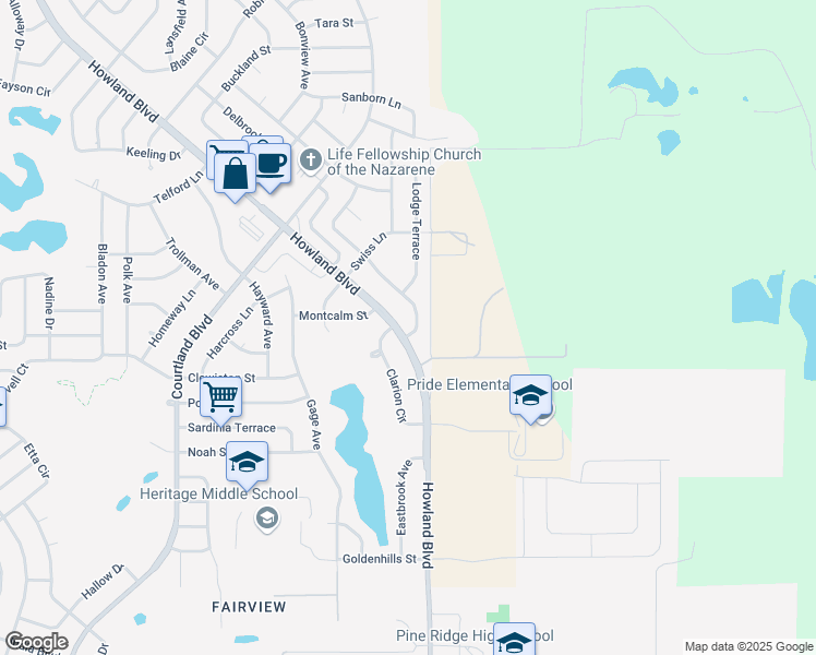 map of restaurants, bars, coffee shops, grocery stores, and more near 1248 Howland Boulevard in Deltona