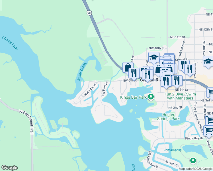 map of restaurants, bars, coffee shops, grocery stores, and more near 556 Northwest Fern Drive in Crystal River