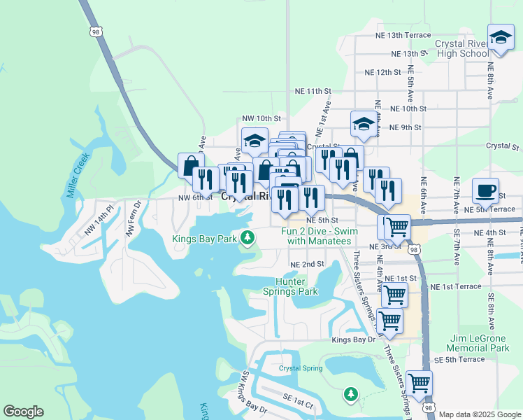 map of restaurants, bars, coffee shops, grocery stores, and more near 120 Northwest US-19 in Crystal River