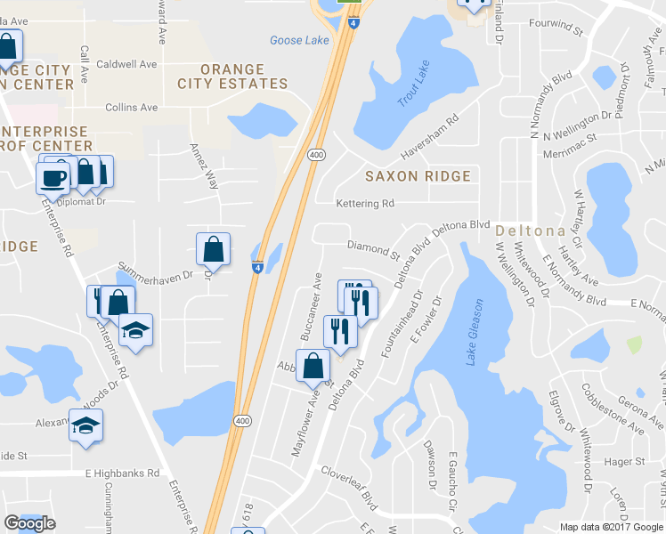 map of restaurants, bars, coffee shops, grocery stores, and more near 300 Stratford Commons in Deltona