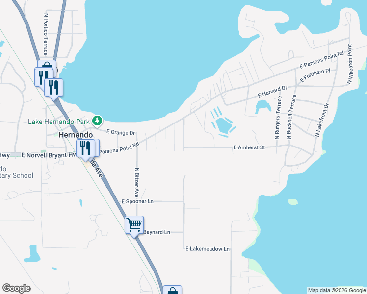 map of restaurants, bars, coffee shops, grocery stores, and more near 2472 North Lantern Terrace in Hernando