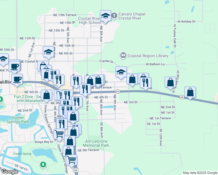 map of restaurants, bars, coffee shops, grocery stores, and more near 855 Northeast 5th Terrace in Crystal River