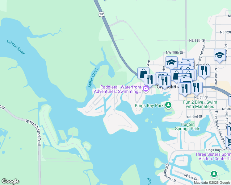 map of restaurants, bars, coffee shops, grocery stores, and more near 566 Northwest Magnolia Circle in Crystal River