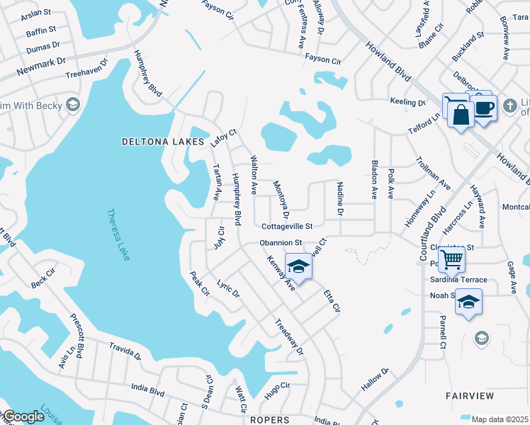 map of restaurants, bars, coffee shops, grocery stores, and more near 1270 Navaree Drive in Deltona