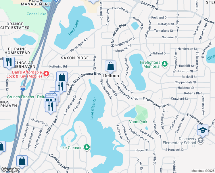map of restaurants, bars, coffee shops, grocery stores, and more near 1296 Whitewood Drive in Deltona