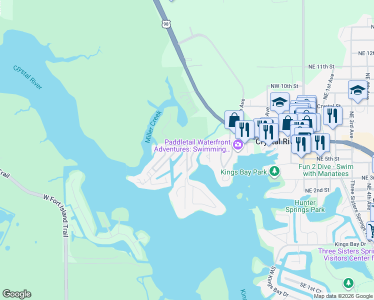 map of restaurants, bars, coffee shops, grocery stores, and more near 566 Northwest Magnolia Circle in Crystal River