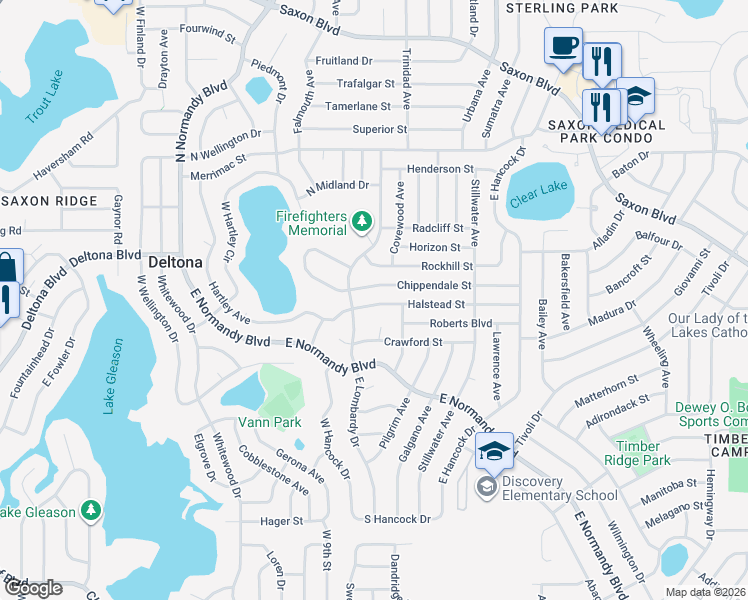 map of restaurants, bars, coffee shops, grocery stores, and more near 802 Halstead Street in Deltona