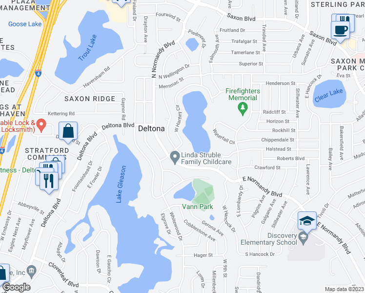 map of restaurants, bars, coffee shops, grocery stores, and more near 635 Hartley Lane in Deltona