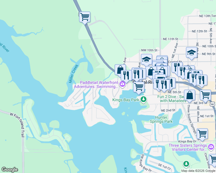 map of restaurants, bars, coffee shops, grocery stores, and more near 557 Northwest 8th Avenue in Crystal River