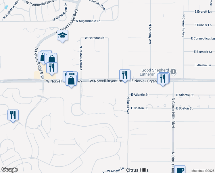 map of restaurants, bars, coffee shops, grocery stores, and more near 124 West Norvell Bryant Highway in Hernando