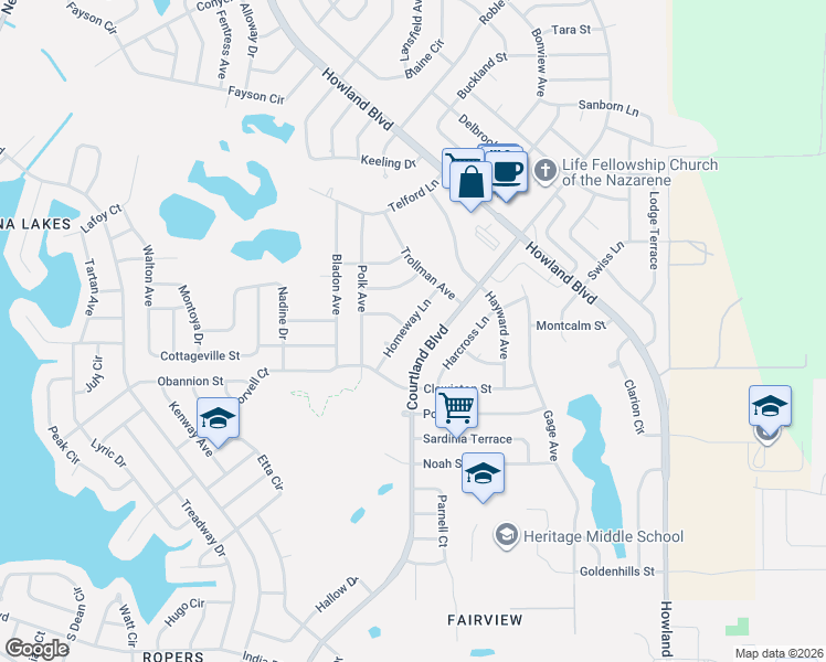 map of restaurants, bars, coffee shops, grocery stores, and more near 1254 Homeway Lane in Deltona
