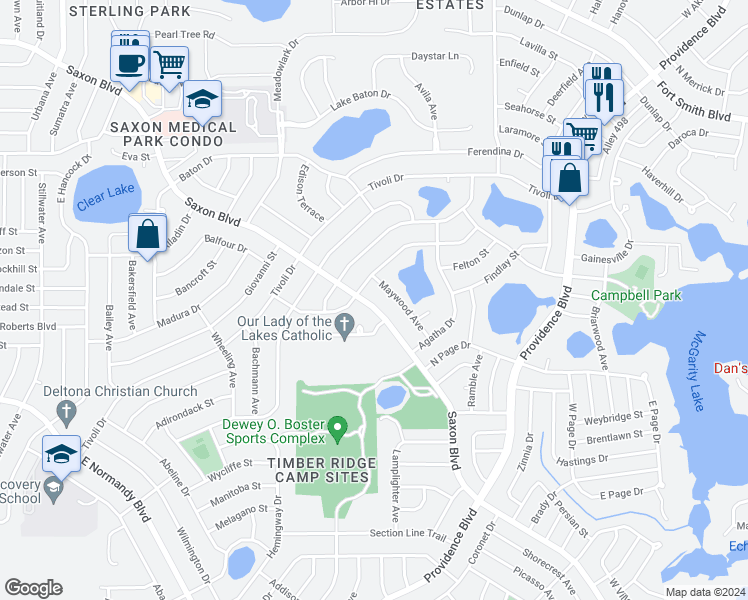 map of restaurants, bars, coffee shops, grocery stores, and more near 1287 Saxon Boulevard in Deltona
