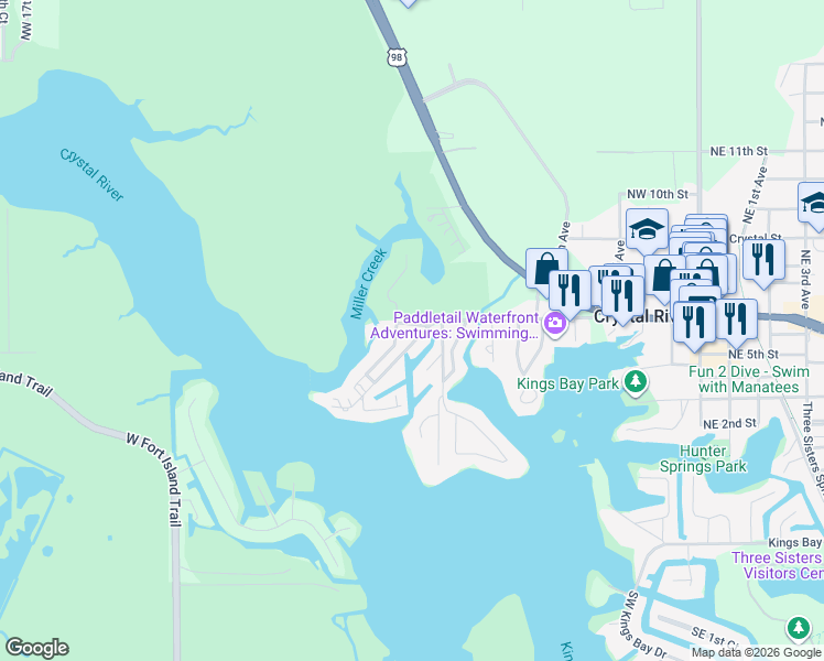 map of restaurants, bars, coffee shops, grocery stores, and more near 540 Miller Creek Road in Crystal River