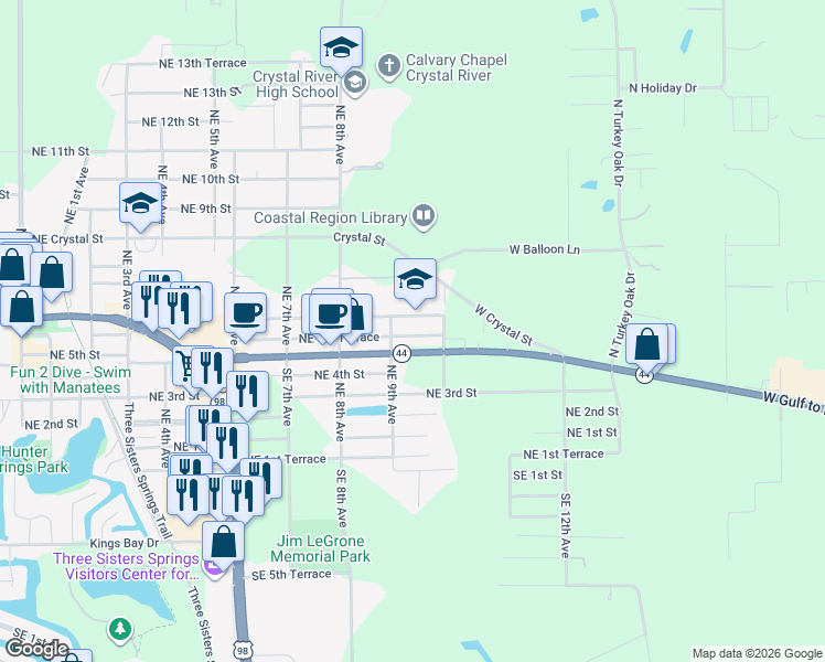 map of restaurants, bars, coffee shops, grocery stores, and more near 935 Northeast 5th Terrace in Crystal River