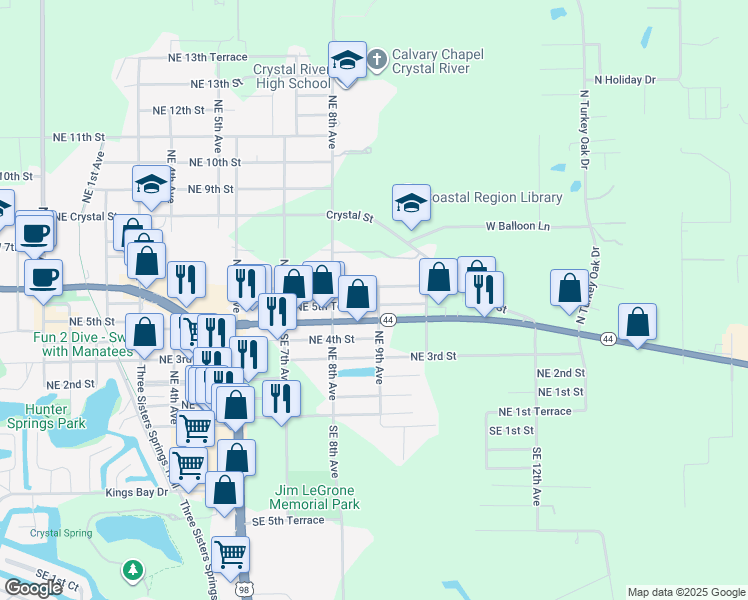 map of restaurants, bars, coffee shops, grocery stores, and more near 855 Northeast 5th Terrace in Crystal River
