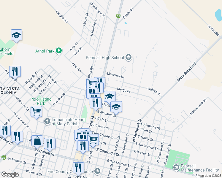 map of restaurants, bars, coffee shops, grocery stores, and more near 338 Margo Drive in Pearsall