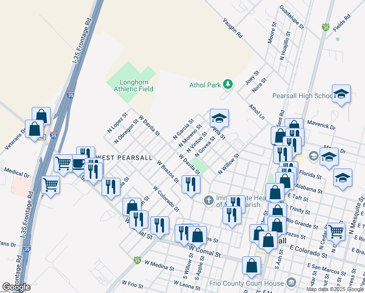 map of restaurants, bars, coffee shops, grocery stores, and more near 314 North Moreno Street in Pearsall