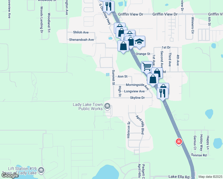 map of restaurants, bars, coffee shops, grocery stores, and more near 806 Summit Street in Lady Lake