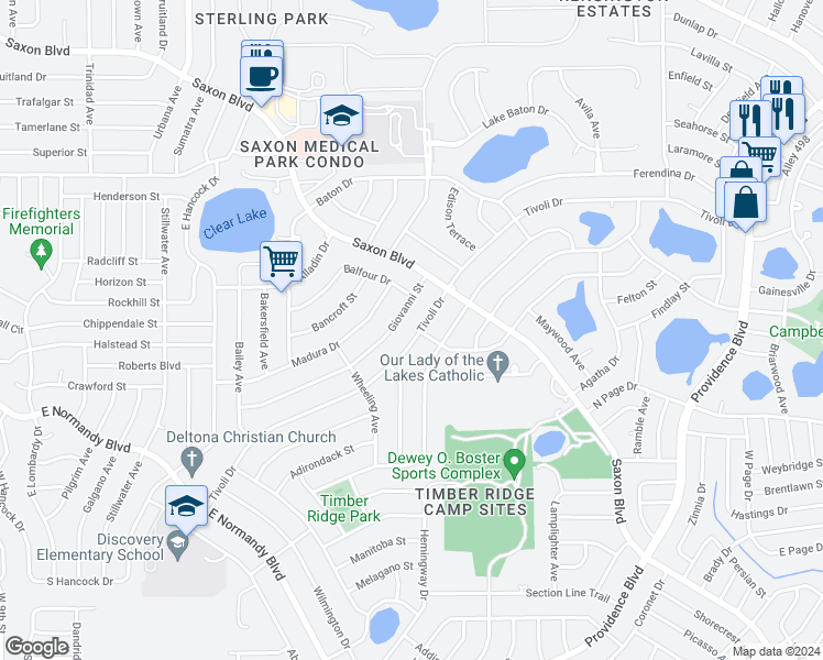 map of restaurants, bars, coffee shops, grocery stores, and more near 1198 Tivoli Drive in Deltona